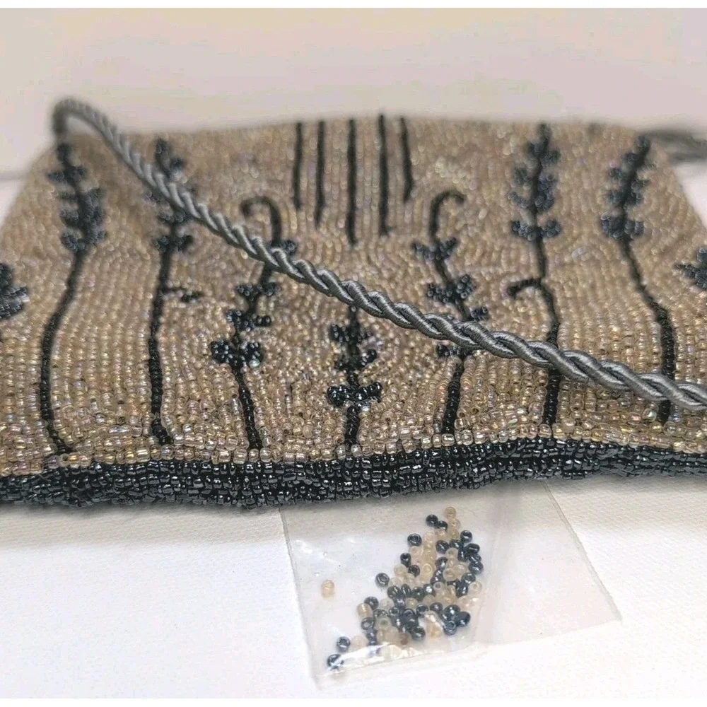 Fabulous Vintage Hand Beaded Purse Evening Bag Satin Lined Rope Strap Beautiful